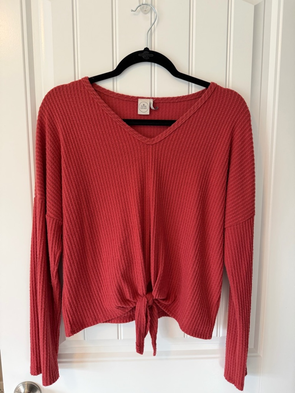 Paper Crane Red Tie-Front Waffle Knit Long Sleeve Top